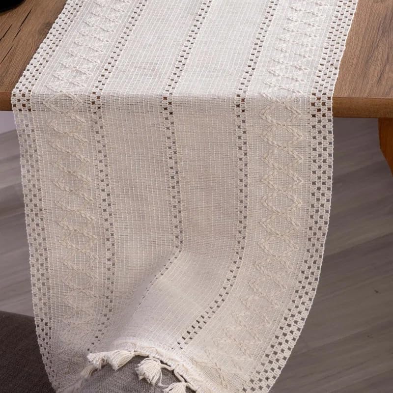 Cream Macrame Style Cotton Table Runner - Rustic 60 Inch Dining Decor - Handmade Farmhouse Look