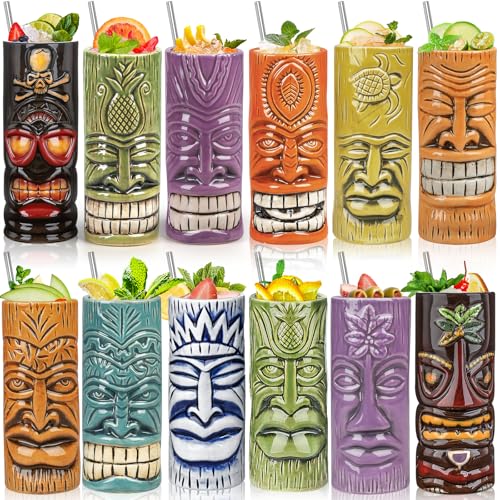 Set of 12 Large Ceramic Tiki Mugs for Cocktails and Hawaiian Parties