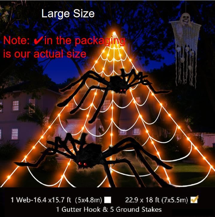 Kenburg 23Ft Large Orange Spider Web Halloween Decorations Outdoor Lights with 2 Giant Spiders & 8 Modes