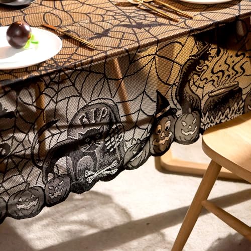 Black Lace Halloween Tablecloth with Spiderweb Bats Pumpkins 54x72 Inches