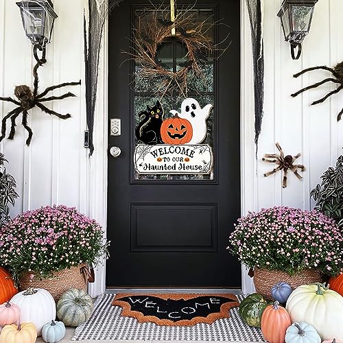 Halloween Door Hanging Sign - Welcome Ghost, Black Cat, Pumpkin Wood Decor for Haunted House & Party