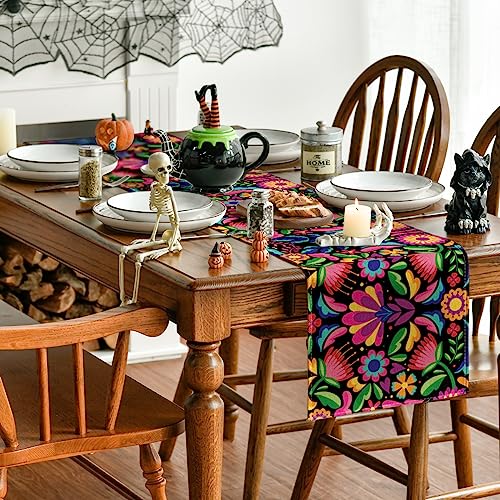 Mexican Dia De Los Muertos Floral Serape Table Runner - 13x72 Inch Black Variation