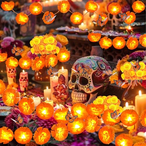 Day of The Dead Decorations Set with Marigold Garland Lights and Artificial Flowers