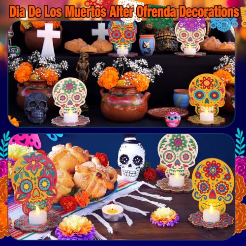 LemonRoad Day of the Dead Skull Candle Holders - DIY Wooden Marigold Ofrenda Decor - Variation of Skull