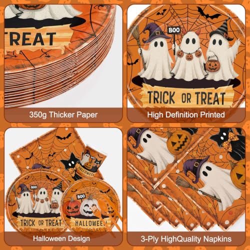 Halloween Disposable Party Plate and Napkin Set - Ghost Pumpkin Design, Serves 24