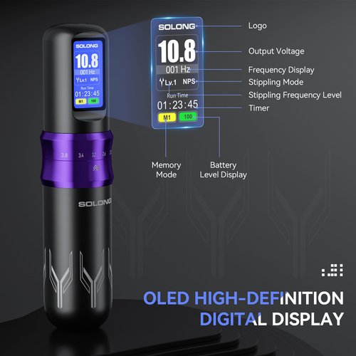 Tattoo Gun,Solong Complete Tattoo Kit with 7 Stroke Lengths，Powerful Battery, Assorted Cartridge Needles Tattoo Gun Kit for Beginners(Purple) SL-TKE200A-4-USA