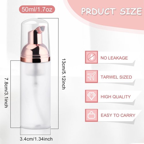 BOSMIOW 5PCS 50ml/1.7oz Clear Plastic Frosted Foam Bottles with Rose Gold Pump Head Empty Mini Soap Dispenser Refillable Mousse Bottles for Shampoo Shower Gel Hand Soap Foaming