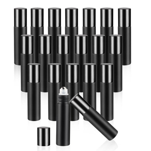Mirrline 20 Pcs 10ml Roller Bottles Black Frosted Glass Bottle with Stainless Steel Roller Balls & Aluminum Screw Cap for Perfume Essential Oil Lip Gloss, 1 X Opener, 2 X Pipette Droppers