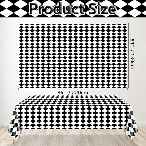 86x51 Inch Black and White Checkered Plastic Tablecloth - Racing & Halloween Theme - 4 Pack