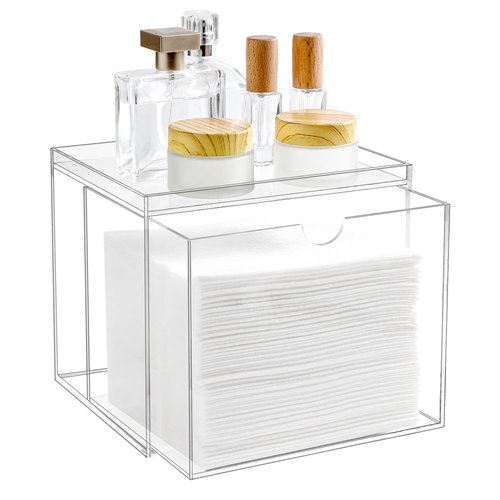 VEGEVIGI Acrylic Disposable Face Towel Holder Intended For Face Towels XL, Facial Towel Storage Box With Drawer, Clear Clean Towels Xl Container Organizer For Bathroom Countertop