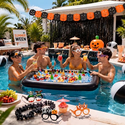 Summer Halloween Pool Party Decorations Set - Inflatable Pumpkins, Beach Balls & Table Skirt