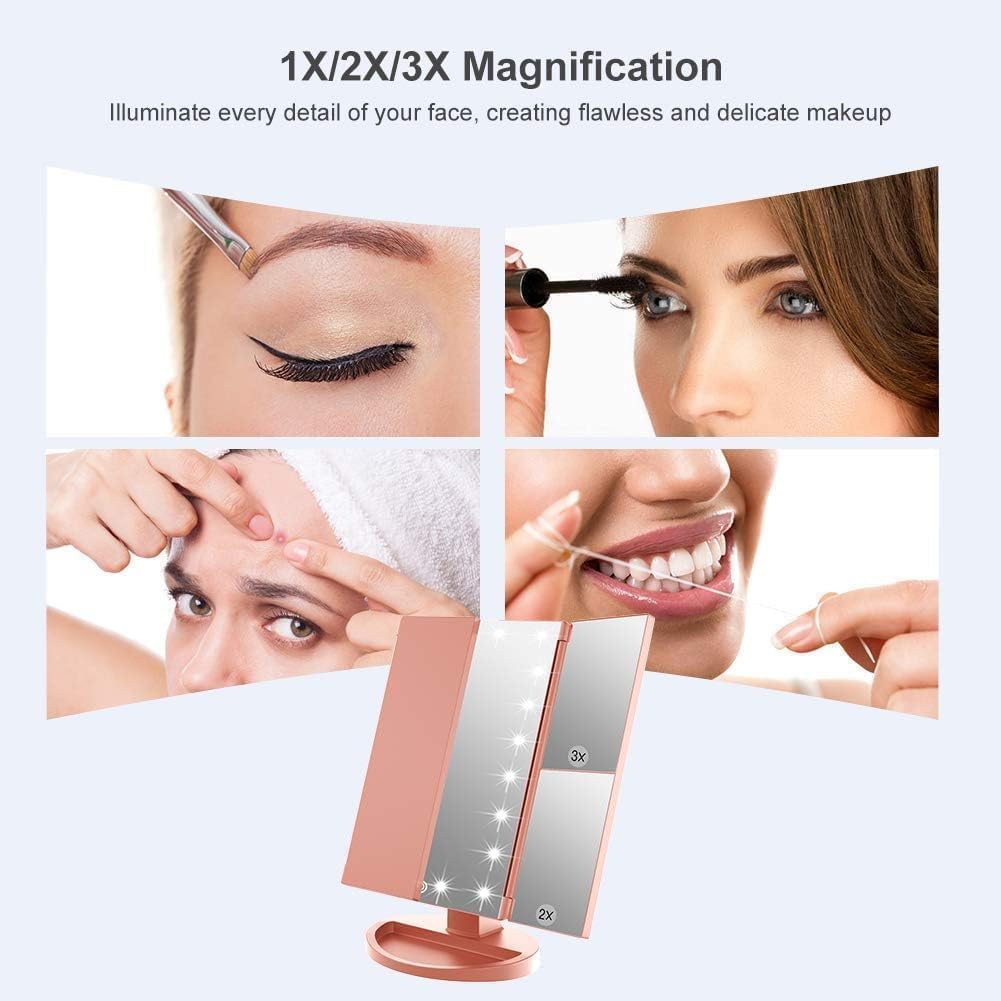 WEILY Makeup Mirror with 21 LED Lights,Two Power Supply Modes, Adjustable Touch Screen and 1x/2x/3x Magnification Tri-Fold Vanity Mirror,Chargeable Travel Cosmetic Mirror for Desktop(Rose Pink)