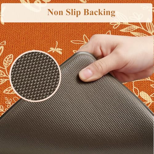 KIMODE Fall Kitchen Anti-Fatigue Mat Set - Leaf Pattern, 17.3 x 47 & 17.3 x 29 Inches, Cushioned Waterproof Rugs, Orange Red Leaf Variation