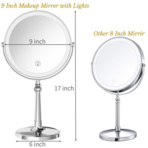 9" Large Make up Vanity Mirror with Lights Chrome Two Way Mirror 1x/10x Magnifying Mirrors with Light and Stand 4000mAh Rechargeable Led Makeup Mirrors for Desk Dresser Table