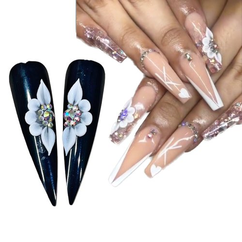 Set 8Pcs 3D Flowers Nails Charms With Rhinestone Gems Handmade by Acrylic Powder Design For Long Nail L,XL,XXL Flower Nail Art Floral Salon Decor Women Girls (White 7 Rhinestones-8PCs)