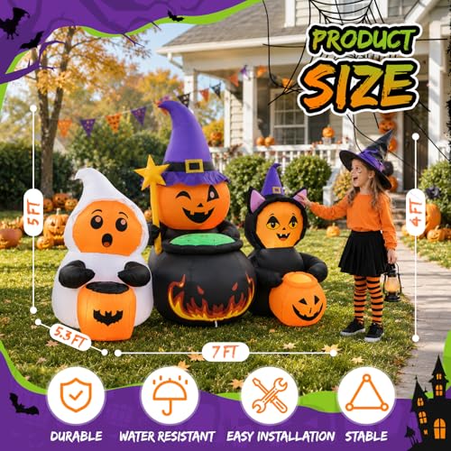 Halloween Inflatable Pumpkin Trio 7FT Yard Decoration with LED Lights - Costume Party Scene