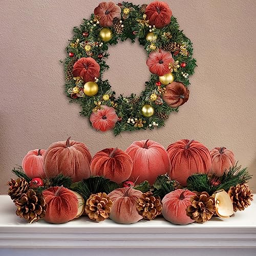 Autumn Velvet Pumpkin Decor Set - Watermelon Red, Maroon & Coffee - 18 Faux Pumpkins