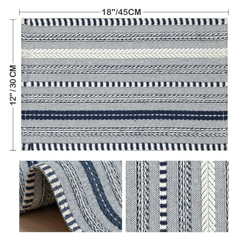 Dark Blue Woven Braided Stripe Placemats Set of 6 - 12x18 Inches