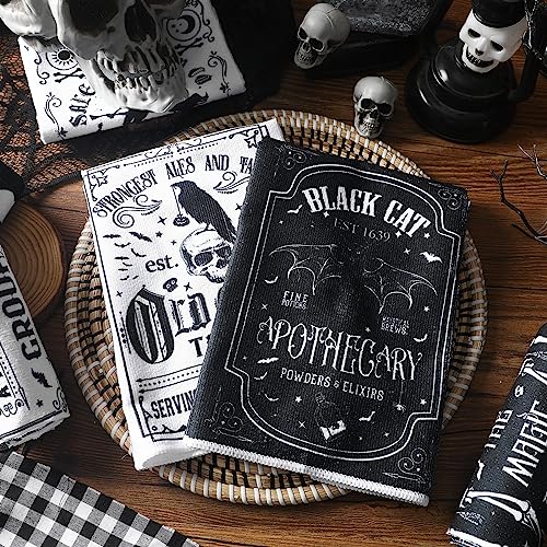Halloween Kitchen Towels Set - Gothic Skull Witch Tarot Art, Traditional Style, 6 Pack