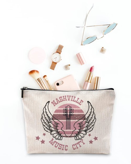 Sufamb Nashville Music City Retro Country Music Makeup Bag,Vintage Western Angel Wings Guitar Western Cosmetic Pouch,Christmas Birthday Gifts for Teen Girls Best Friends,Country Music Lover Gifts