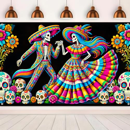 Dia de los Muertos Banner 71x43 Inches Mexican Fiesta Party Decor Sugar Skull Backdrop