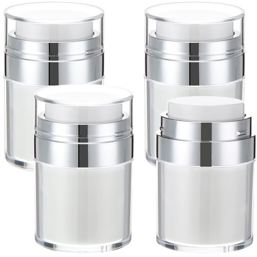 4 Pack Empty Airless Pump Jar Acrylic Airless Cosmetic Container Portable Refillable Travel Size Cream Vacuum Bottle Lotion Jar with Pump Lid for Skincare Cream, White(3.5 oz)