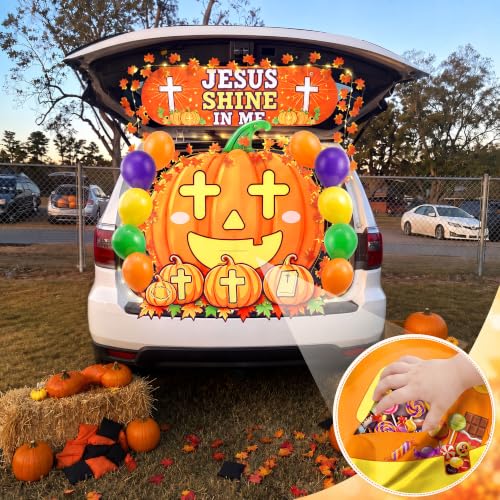 Halloween Pumpkin Car Decorations Kit with LED String Lights & Religious Banner