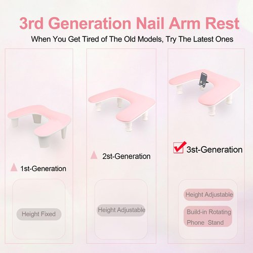 Big Arm Rest for Nails Tech with Rotating Phone Holder: 3nd Generation U-Shaped Manicure Nail Arm Rest Stand Height Adjustable Armrest for Acrylic Nails(Pink)