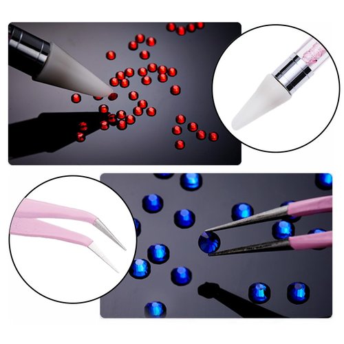12 grid flat back Rhinestones with Tweezers and Wax Pencil Gems , DIY decorative Nail Face and apparel accessories (crystal,crystal AB,amber and metal sunshine)