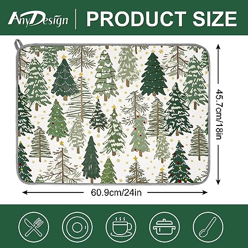 Christmas Dish Drying Mat 18x24 Inch - Absorbent Woodland Tree Kitchen Protector