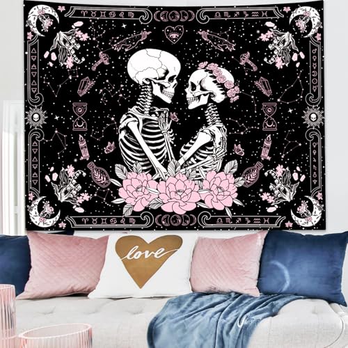 Pink & Black Gothic Skull Tapestry for Bedroom - Witchy Wall Decor 60 x 44 inches