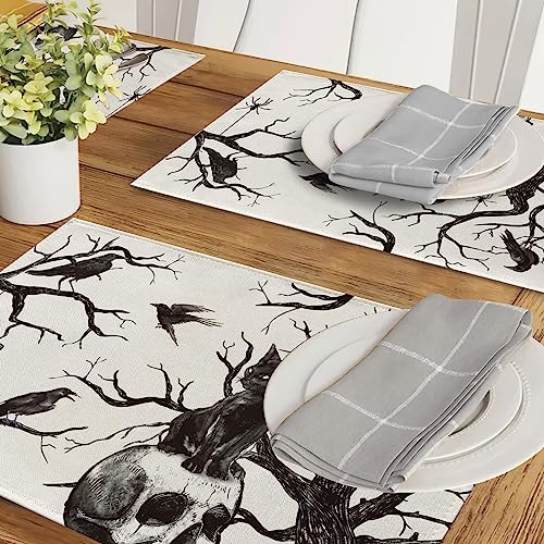 Halloween Skull Black Cat Placemats Set of 4 - 12x18 Inch, Durable Cotton Linen
