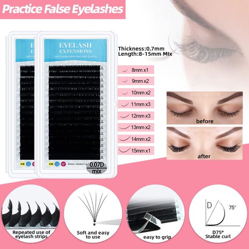 DNSGOOR Lash Extension Kit Professional Eyelash Extensions Supplies Training for Beginners Mannequin Head Grafting Lash USB Fan Lash Shampoo Brush Spraye 0.07D Curl Mix 8-15mm Practice Eyelash Strips