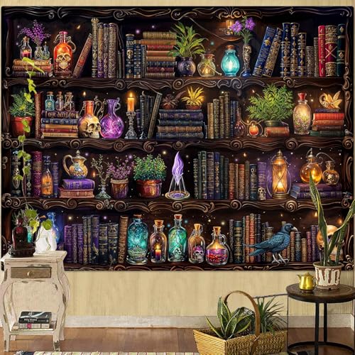 Witch Bookshelf Tapestry Wall Hanging - 80x60 Rust Brown Decorative Wall Art