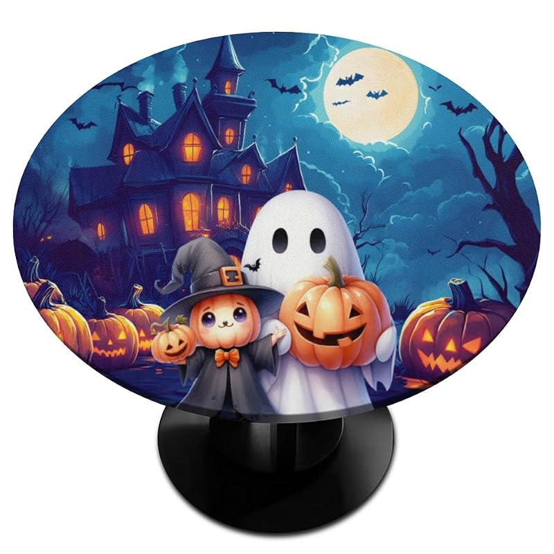 Halloween Ghosts Fitted Round Tablecloth - Waterproof & Wipeable 48 Inch