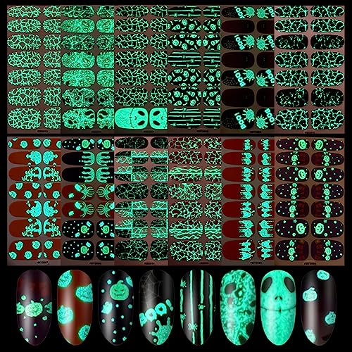 Halloween Luminous Nail Wraps - 12 Sheets with Glitter Skeleton Ghost Pumpkins - Stylish Style
