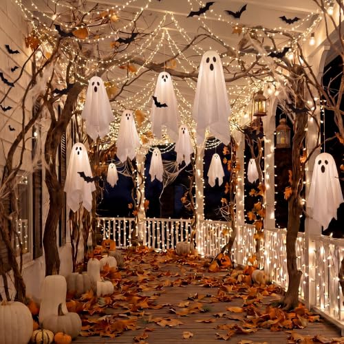 Halloween Hanging Ghosts and Bats Decoration Set with LED String Lights - Indoor Outdoor Festive Decor