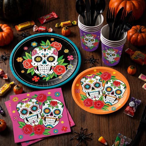 Day of the Dead Party Plates Napkins Set - Colorful Skeleton & Marigold Design - 168pcs - Variation of THIS listing