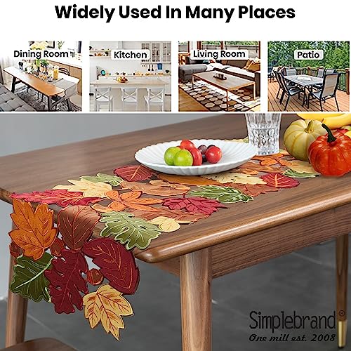 Fall Harvest Table Runner 54 Inch with Embroidered Maple Leaves - Coffee, 13" W