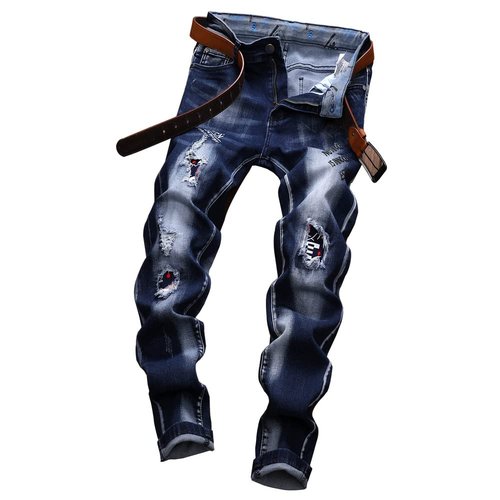 N//C Jeans Men Ripped Denim Pants Straight Slim Fit Regular Distressed Comfort Flex (Blue, W34 X L32)