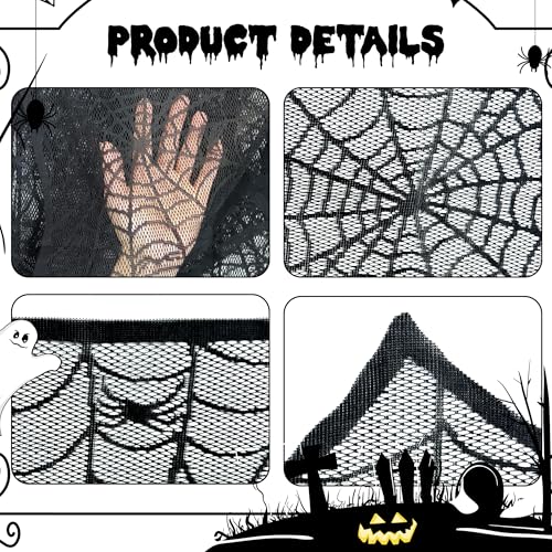 Halloween Mantel Scarf Black Lace Spiderweb for Fireplace Decor - 18x96 Inch - Black