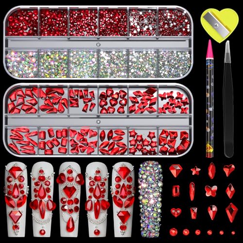 Red Nail Rhinestones Kit - Multi Shapes & Sizes for Manicure & Craft Decoration