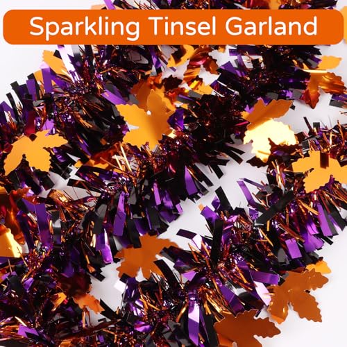 Purple Halloween Tinsel Garland 33ft Glitter Maple Decor for Home & Party