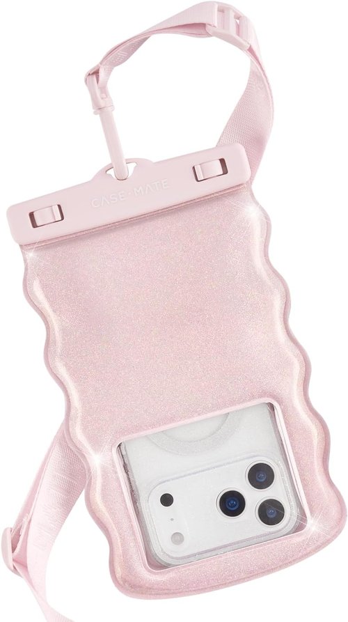 Case-Mate Wavy Waterproof Phone Pouch | IP68 Large Floating Case with Crossbody Lanyard - Ballet Pink Twinkle