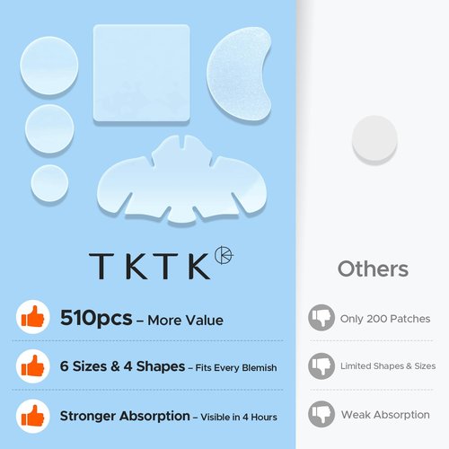 TKTK Pimple Patches for Face, 6 Sizes Hydrocolloid Acne Patch Variety, Large Acne Stickers for Cheeks, Forehead, Chin, Nose, Back Blemishes Zit Breakouts (4 Shapes 510 Count)