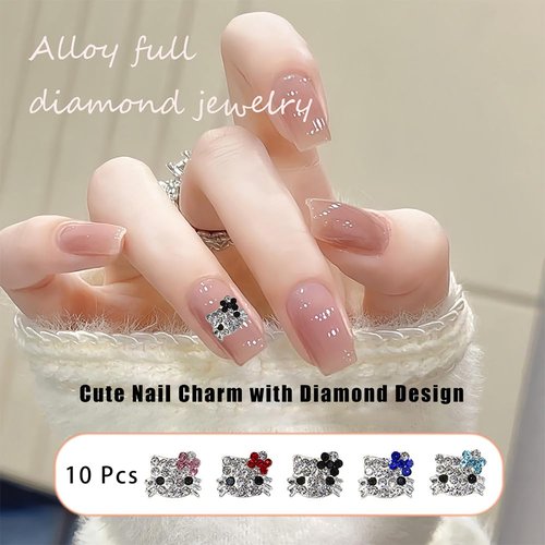 6 Sheets Cute Cat Nail Stickers and 40Pcs Cartoon Red Pink Cat Nail Charms Set Kawaii Cat Heart Letter Nail Art Decals Charms for Women DIY Party Nail Decoration Accessories