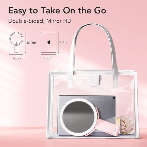 LitBear Travel Makeup Mirror - Rechargeable Double-Sided 10X/1X Magnifying Mirror with Dimmable Touch Screen | Portable Pink Beauty Mirror
