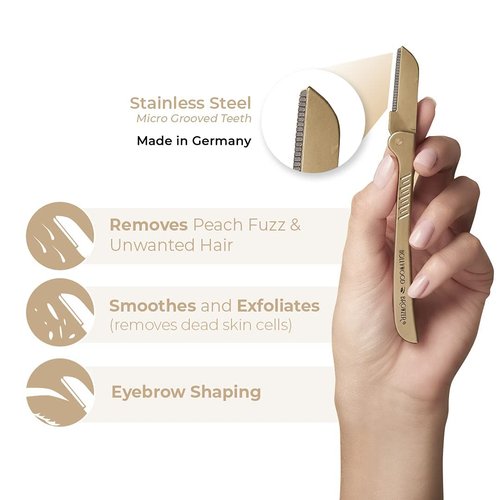 Hollywood Browzer Hair Removal and Dermaplaner Duo - Peach Fuzz and Eyebrow Razor for Women - Eyebrow Grooming Kit - Gold - 2 pc