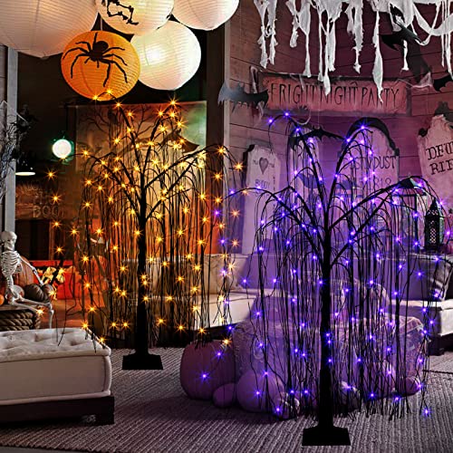 Lighted Halloween Tree 4 FT Black & Purple Orange Spooky Willow Outdoor Decor