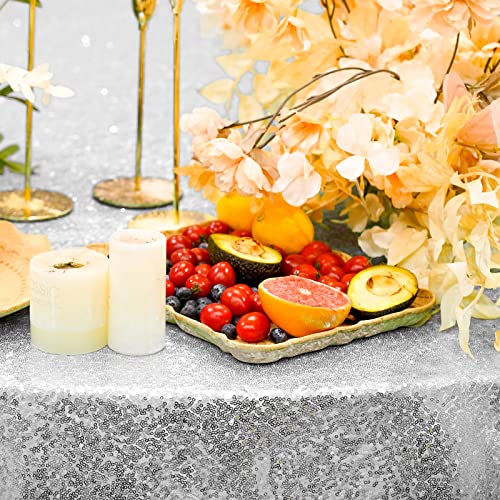Silver Sequin Round Tablecloth - 132 Inch Glitter Cover for Weddings & Events